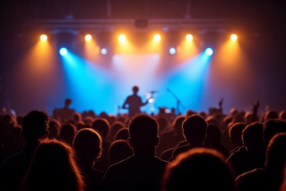 Vibrant concert stage with spotlights and audience silhouette